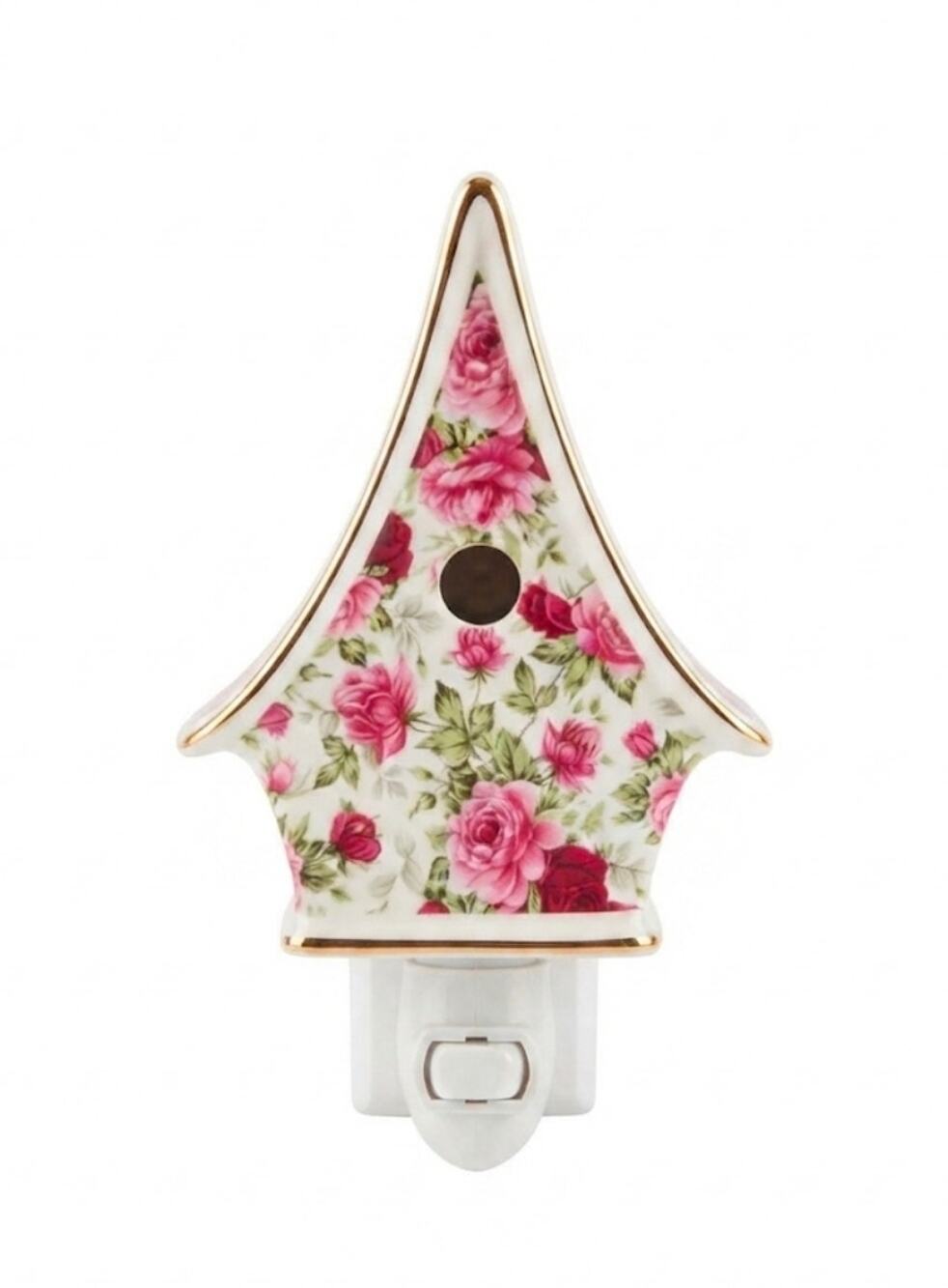 Ceramic Birdhouse Nightlight Cabbage Roses Pink Working Light